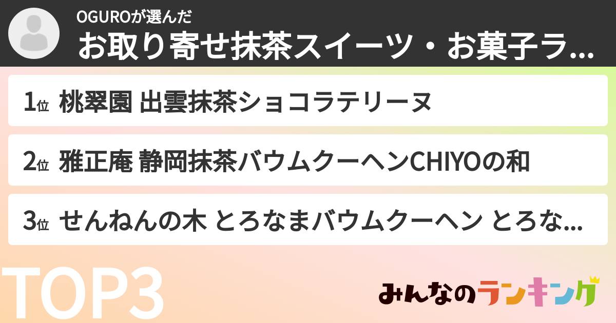 OGUROさんの「お取り寄せ抹茶スイーツ・お菓子ランキング」