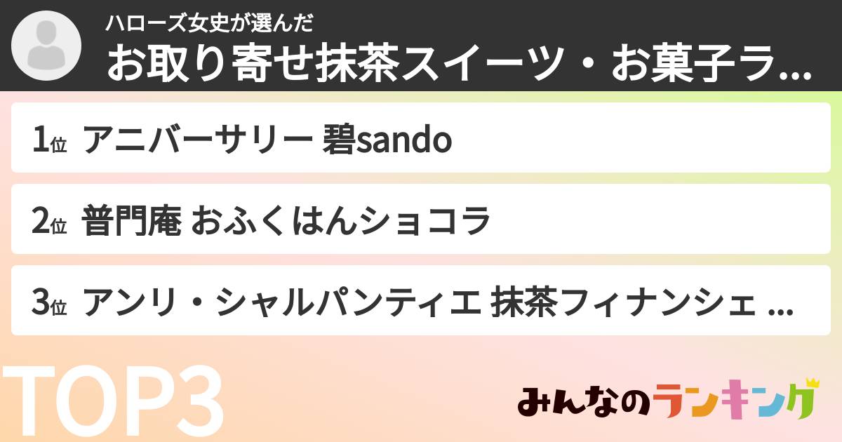 ハローズ女史さんの「お取り寄せ抹茶スイーツ・お菓子ランキング」