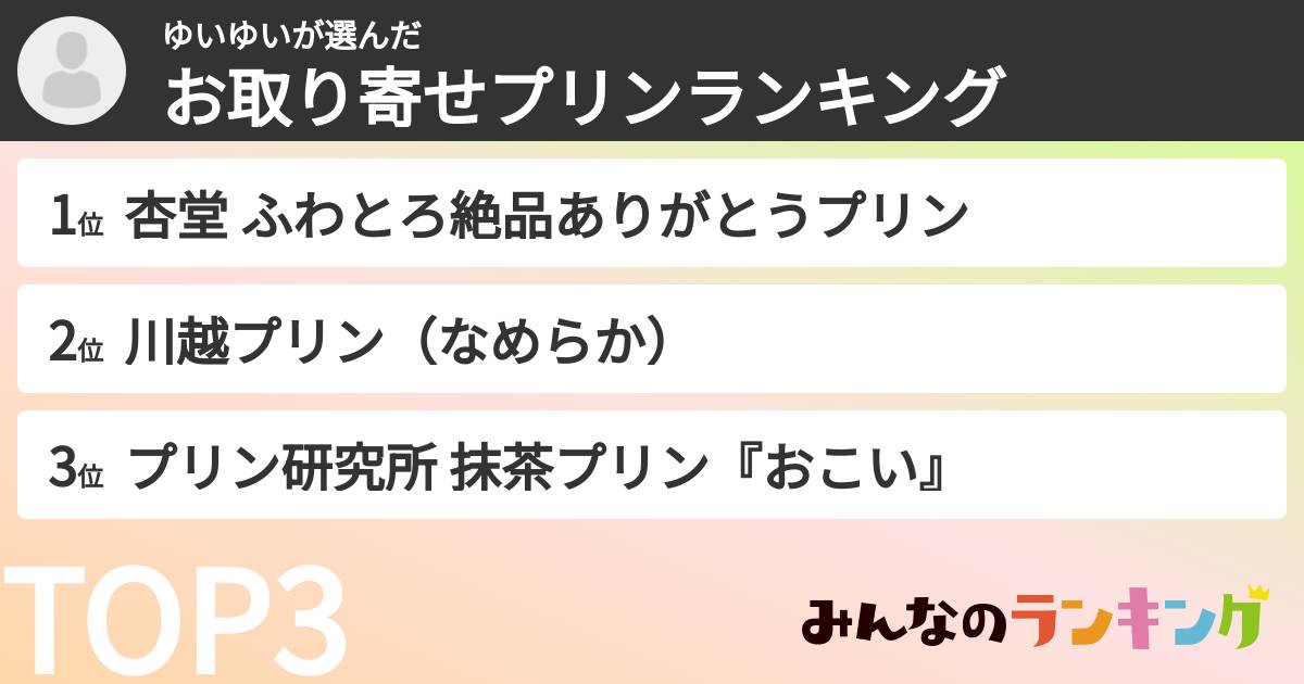 ゆいゆいさんの「お取り寄せプリンランキング」