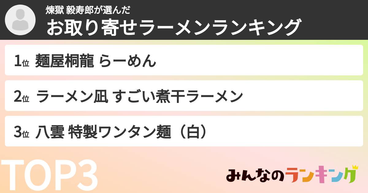 煉獄 毅寿郎さんの「お取り寄せラーメンランキング」