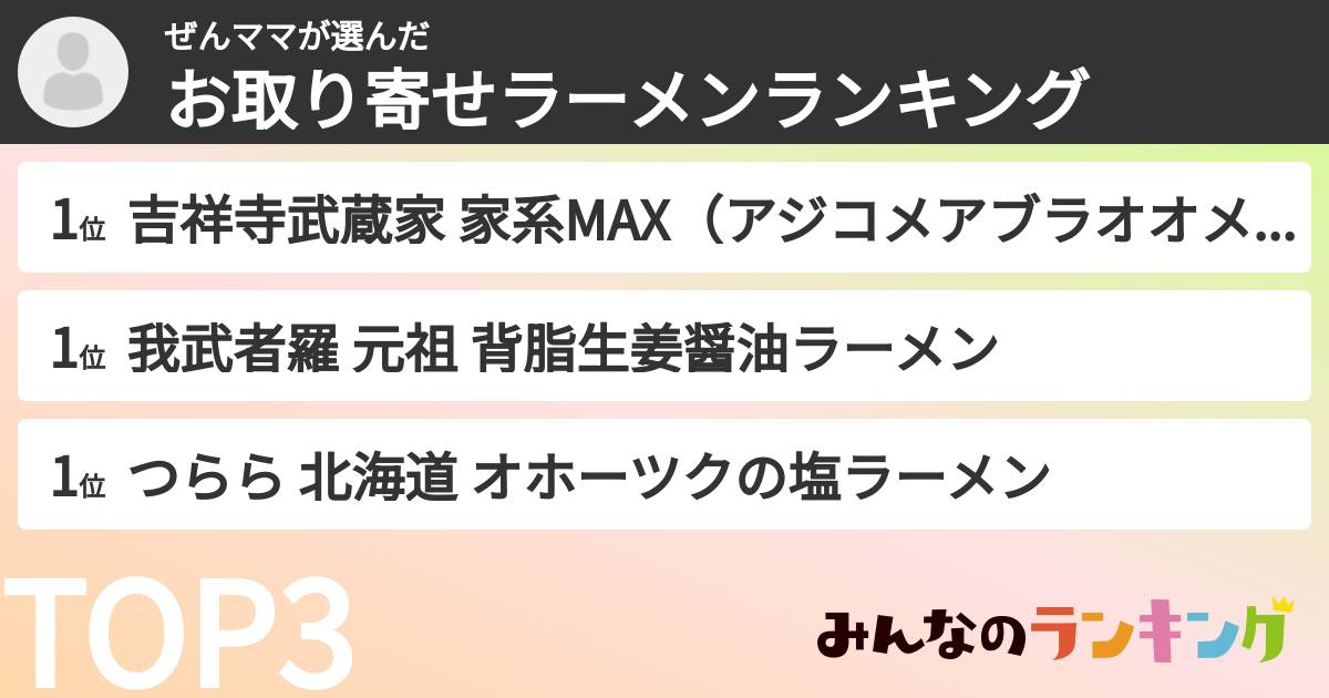 ぜんママさんの「お取り寄せラーメンランキング」