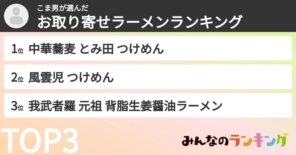 こま男さんの「お取り寄せラーメンランキング」