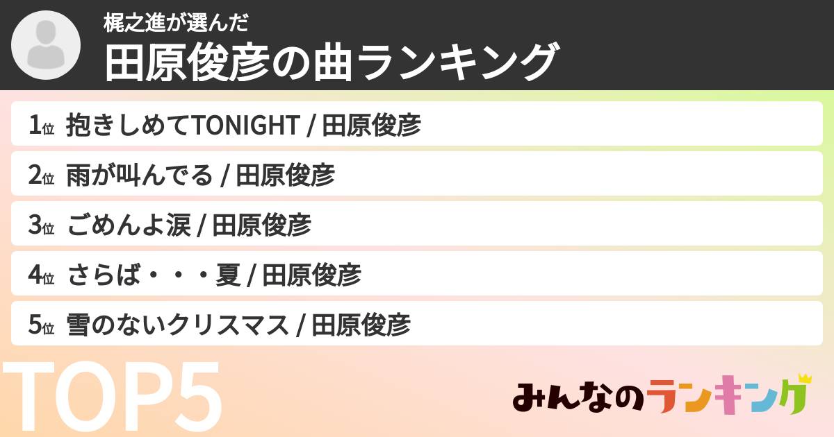 梶之進さんの「田原俊彦の曲ランキング」