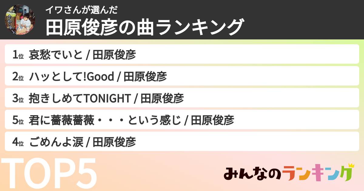 イワさんさんの「田原俊彦の曲ランキング」