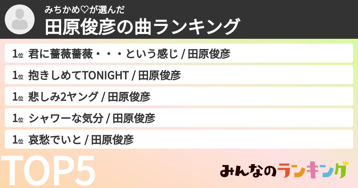 みちかめ♡さんの「田原俊彦の曲ランキング」