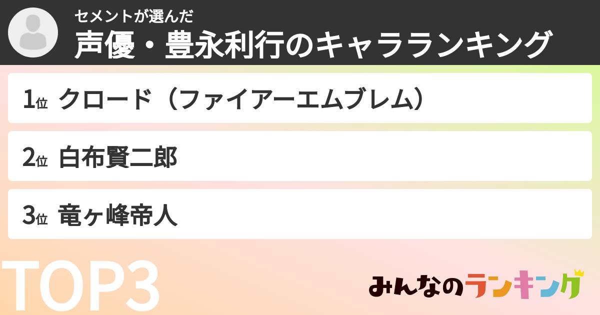 セメントさんの「声優・豊永利行のキャラランキング」
