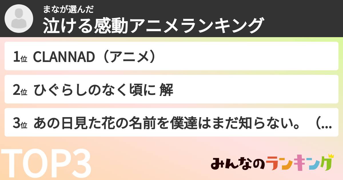 まなさんの「泣ける感動アニメランキング」