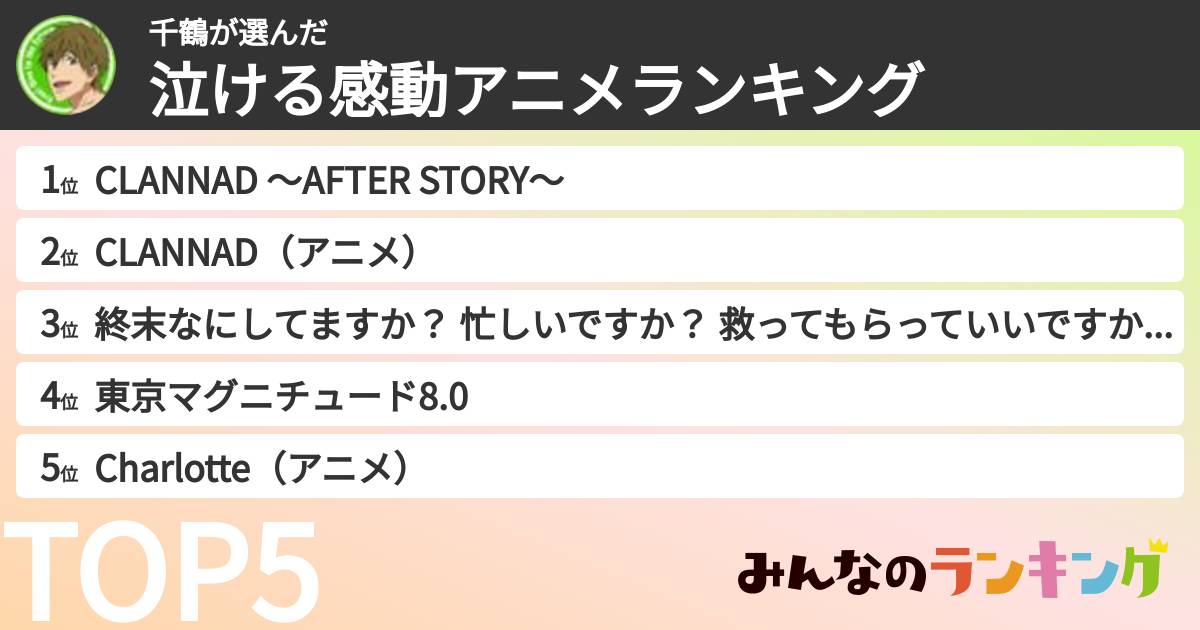 千鶴さんの「泣ける感動アニメランキング」
