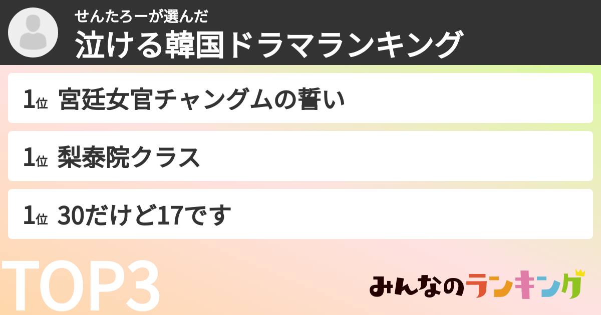せんたろーさんの「泣ける韓国ドラマランキング」
