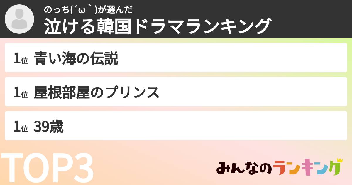 のっち(´ω｀)さんの「泣ける韓国ドラマランキング」