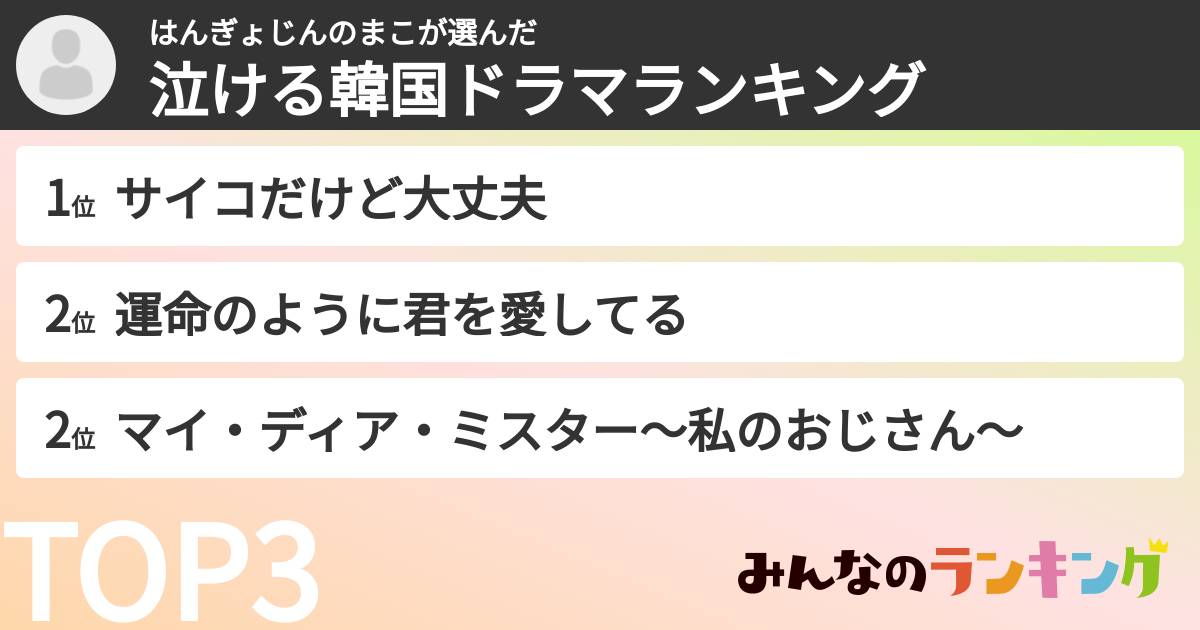 はんぎょじんのまこさんの「泣ける韓国ドラマランキング」