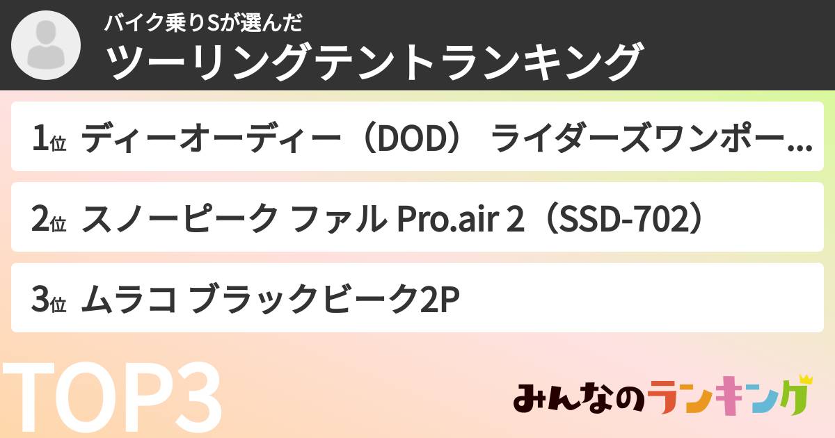 バイク乗りSさんの「ツーリングテントランキング」