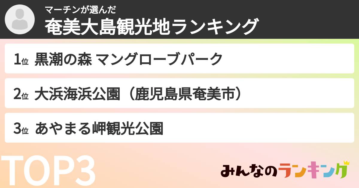 マーチンさんの「奄美大島観光地ランキング」