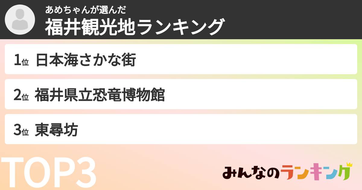 あめちゃんさんの「福井観光地ランキング」