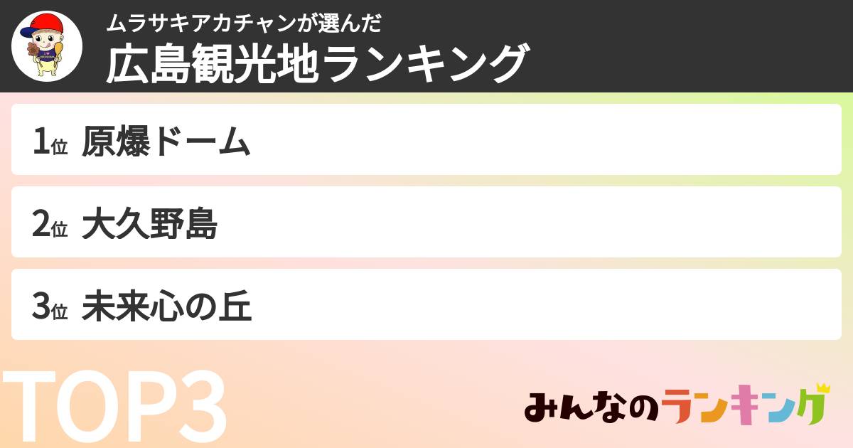 ムラサキアカチャンさんの「広島観光地ランキング」