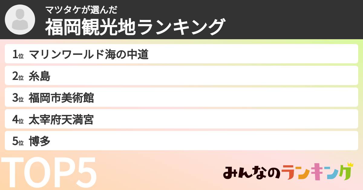 マツタケさんの「福岡観光地ランキング」