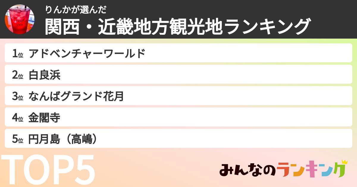 りんかさんの「関西・近畿地方観光地ランキング」
