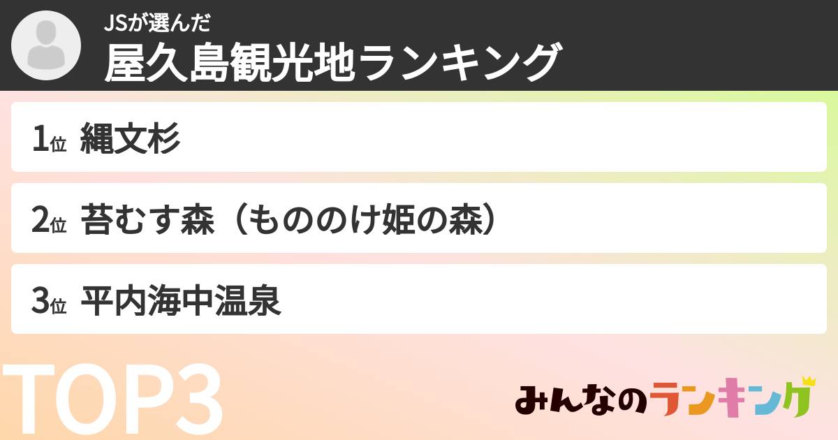 JSさんの「屋久島観光地ランキング」