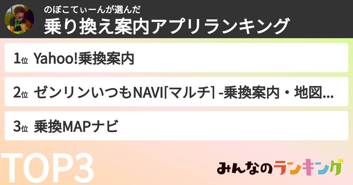 のぼこてぃーんさんの「乗り換え案内アプリランキング」