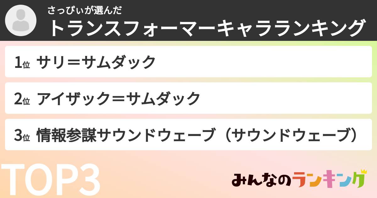 さっぴぃさんの「トランスフォーマーキャラランキング」