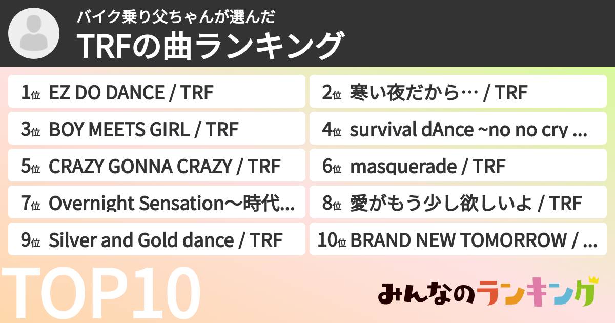 バイク乗り父ちゃんさんの「TRFの曲ランキング」