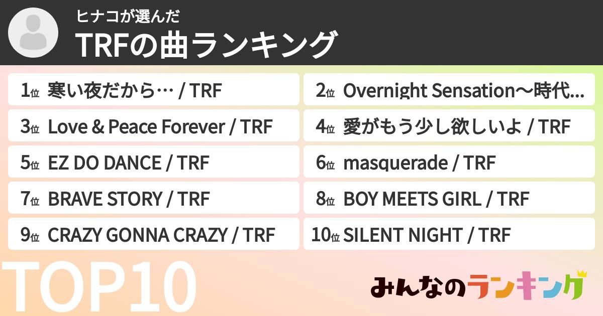 ヒナコさんの「TRFの曲ランキング」