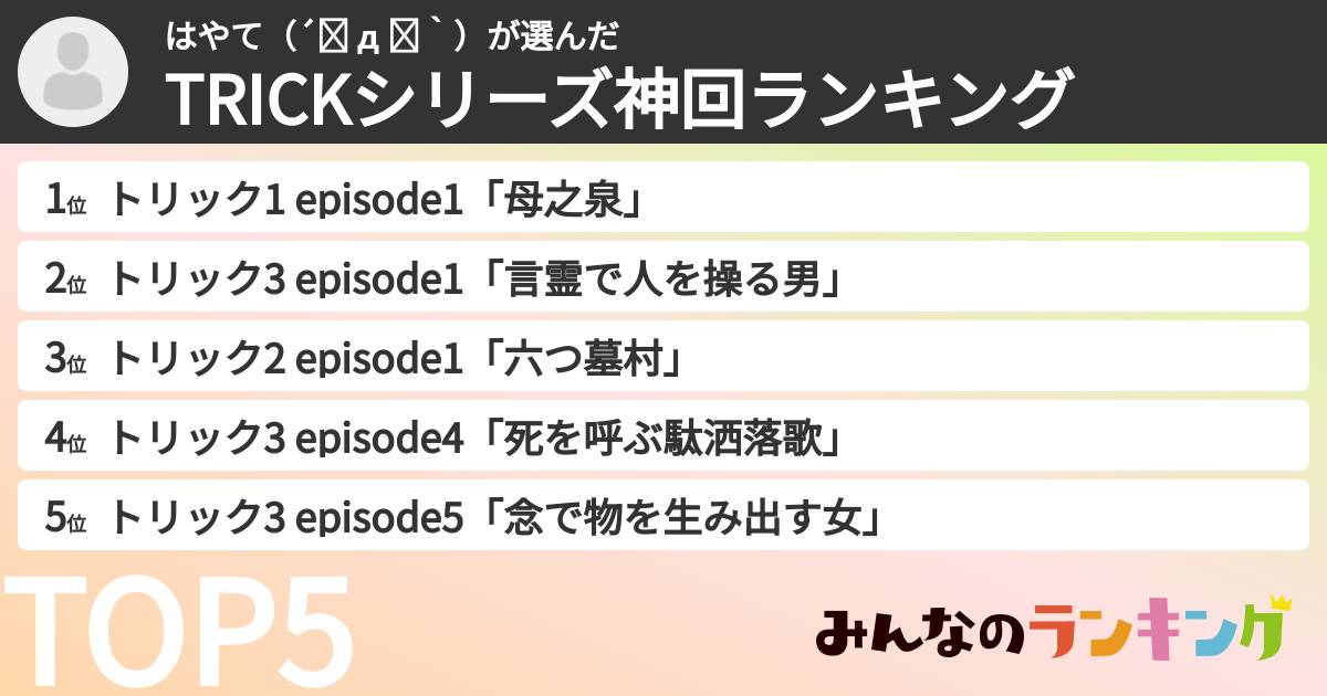 はやて（´◕ д ◕｀）さんの「TRICKシリーズ神回ランキング」