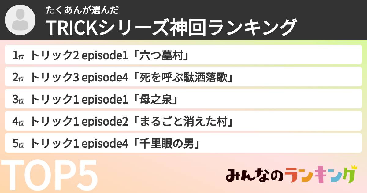 たくあんさんの「TRICKシリーズ神回ランキング」