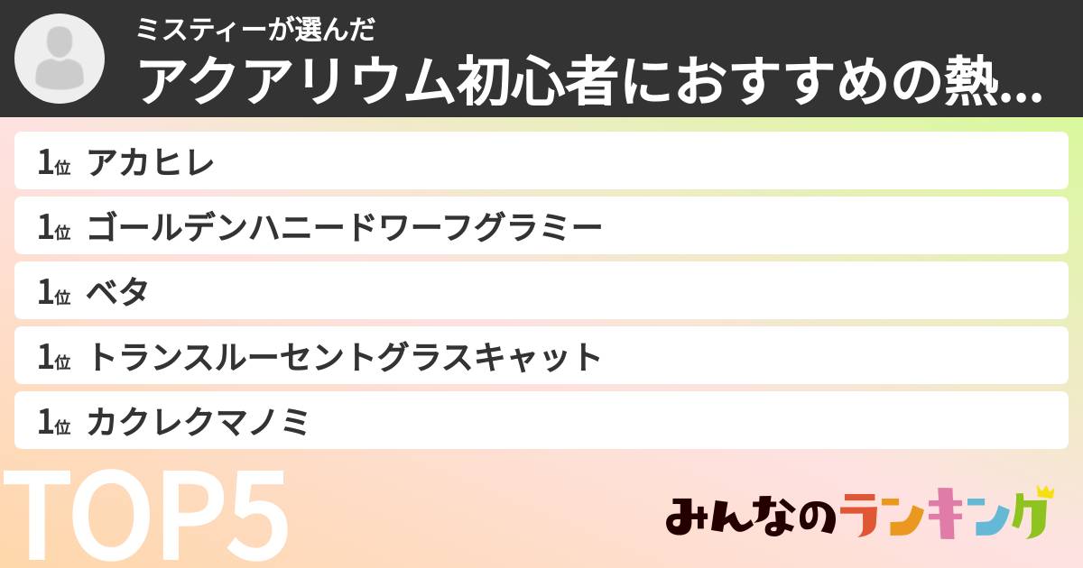 ミスティーさんの「アクアリウム初心者におすすめの熱帯魚ランキング」