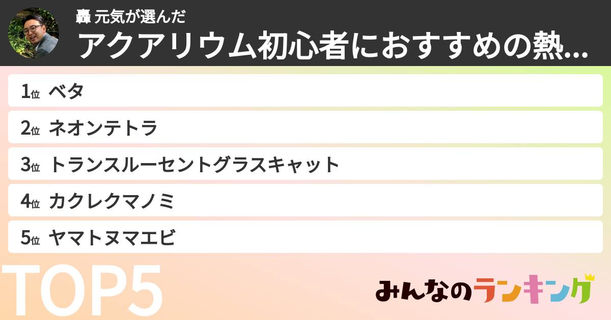 轟 元気さんの「アクアリウム初心者におすすめの熱帯魚ランキング」