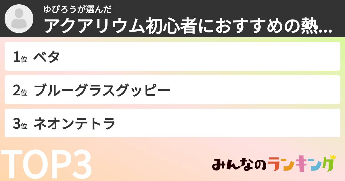 ゆぴろうさんの「アクアリウム初心者におすすめの熱帯魚ランキング」