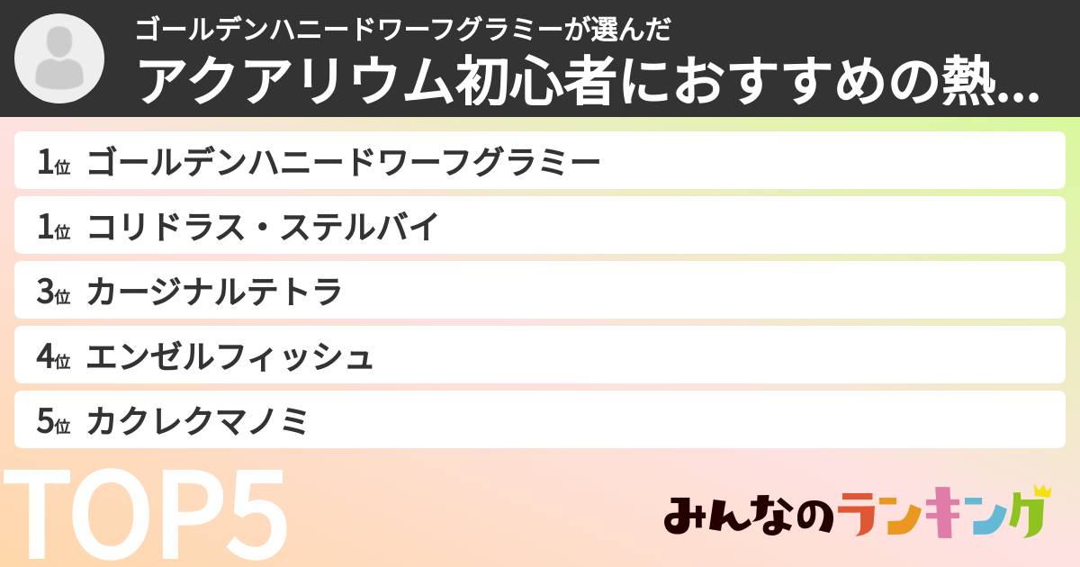 ゴールデンハニードワーフグラミーさんの「アクアリウム初心者におすすめの熱帯魚ランキング」
