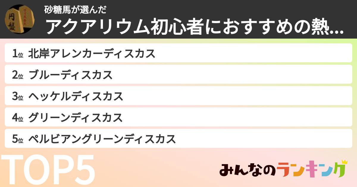 砂糖馬さんの「アクアリウム初心者におすすめの熱帯魚ランキング」