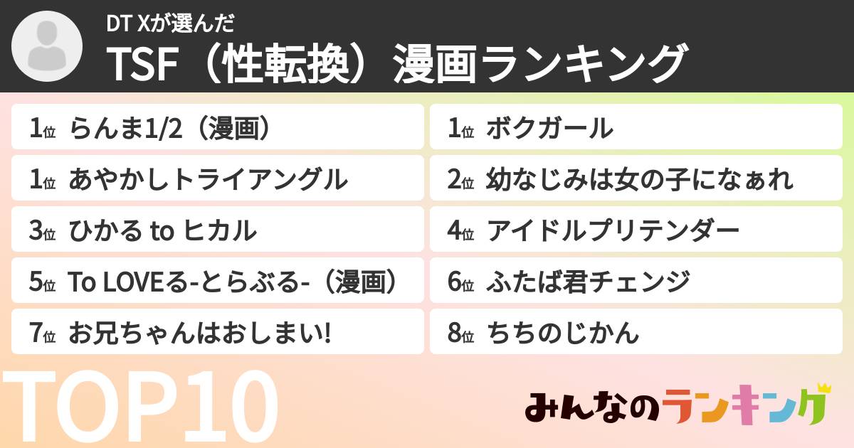 DT Xさんの「TSF(性転換)漫画ランキング」