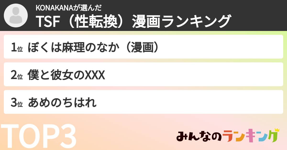 KONAKANAさんの「TSF（性転換）漫画ランキング」
