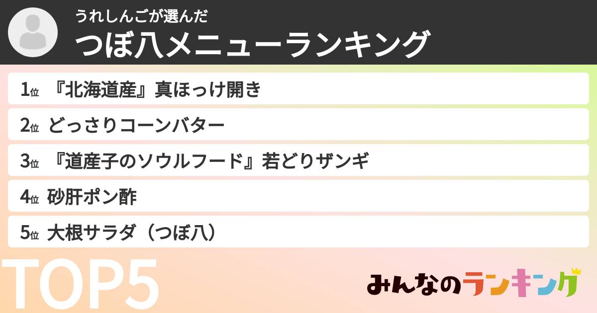 うれしんごさんの「つぼ八メニューランキング」