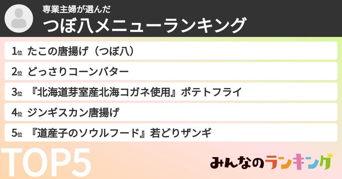専業主婦さんの「つぼ八メニューランキング」