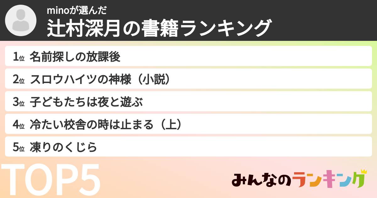 minoさんの「辻村深月の書籍ランキング」