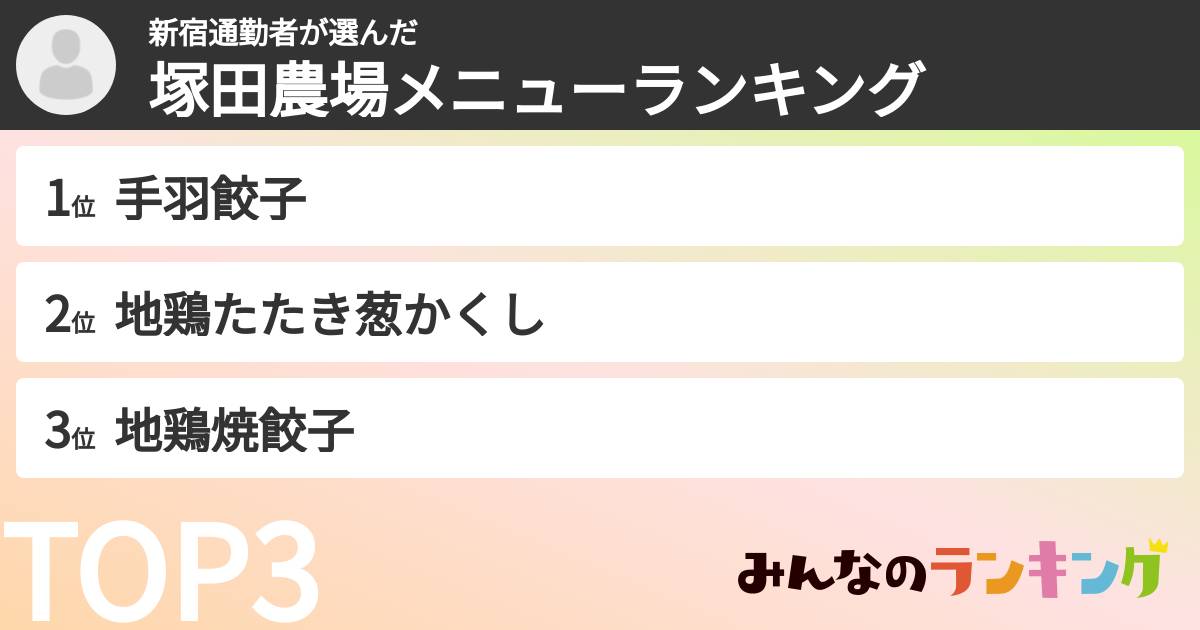新宿通勤者さんの「塚田農場メニューランキング」