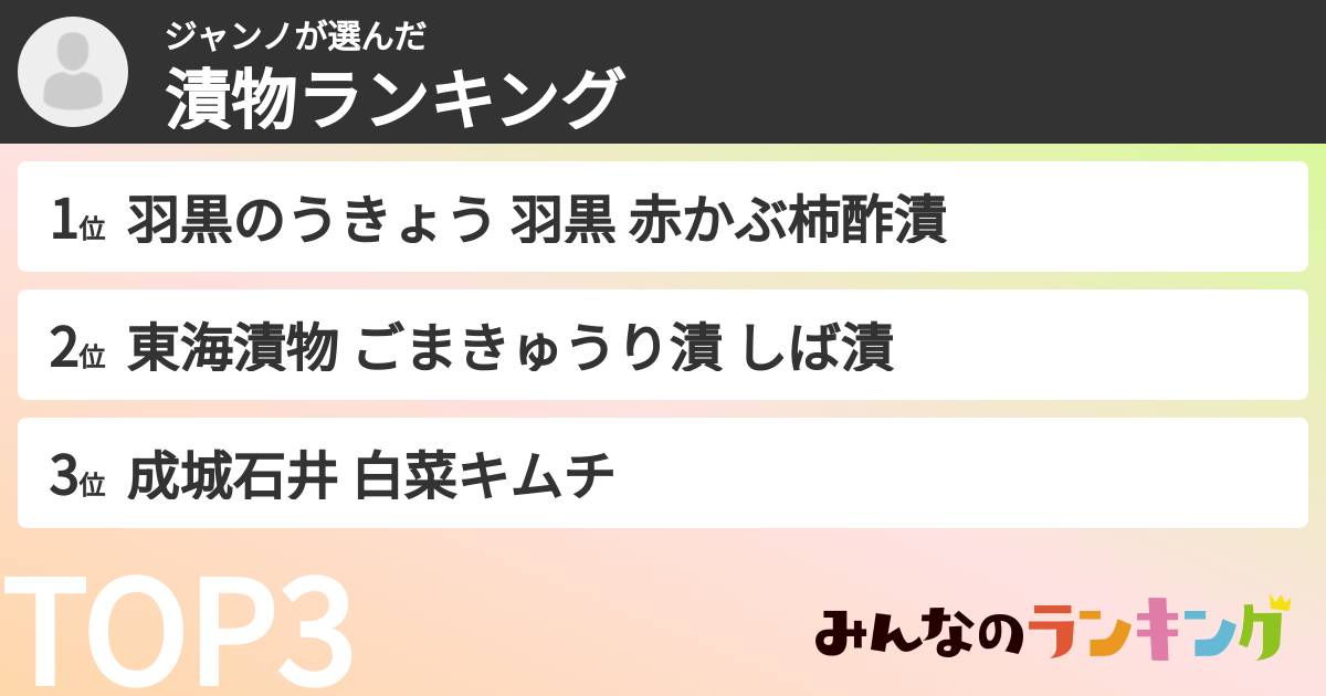 ジャンノさんの「漬物ランキング」