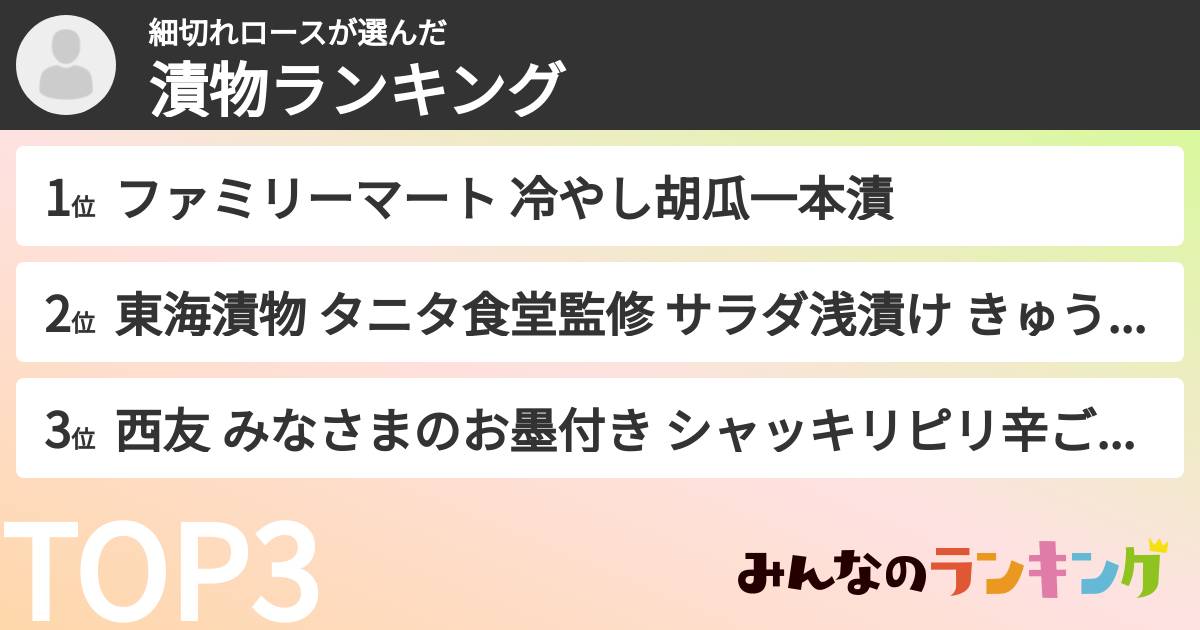 細切れロースさんの「漬物ランキング」
