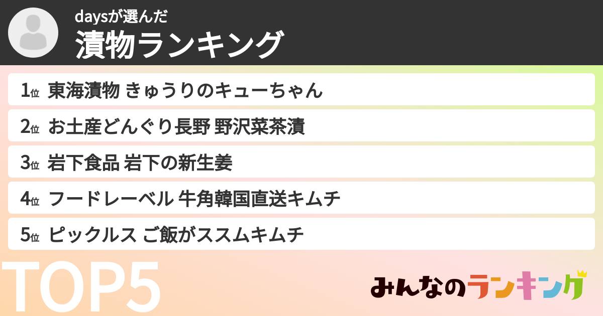 daysさんの「漬物ランキング」