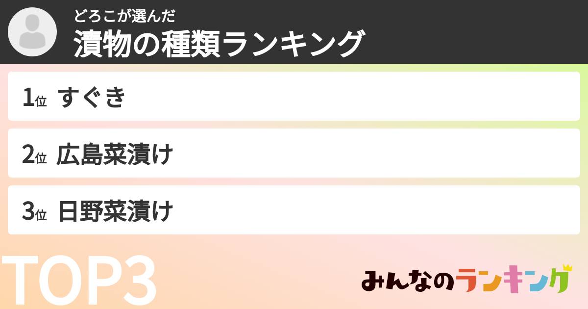 どろこさんの「漬物の種類ランキング」