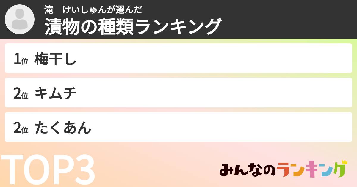 滝　けいしゅんさんの「漬物の種類ランキング」