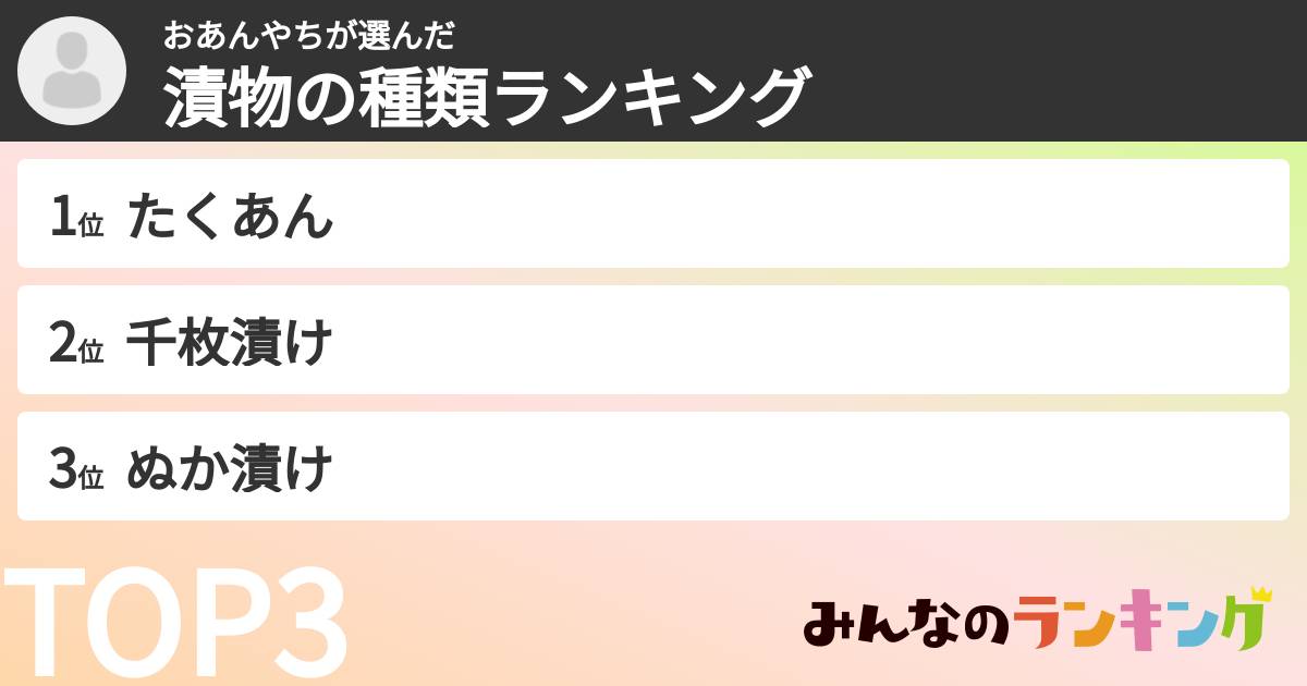 おあんやちさんの「漬物の種類ランキング」