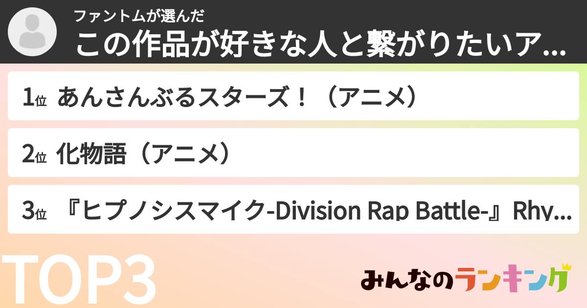 ファントムさんの「この作品が好きな人と繋がりたいアニメランキング」