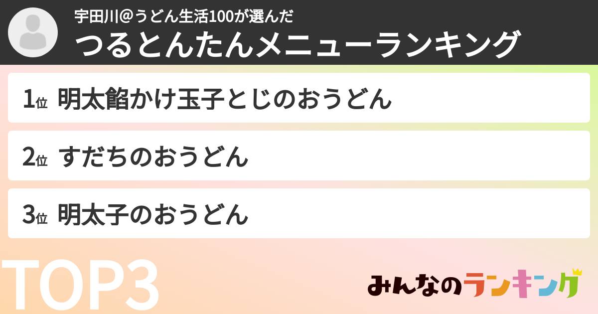 宇田川＠うどん生活100さんの「つるとんたんメニューランキング」