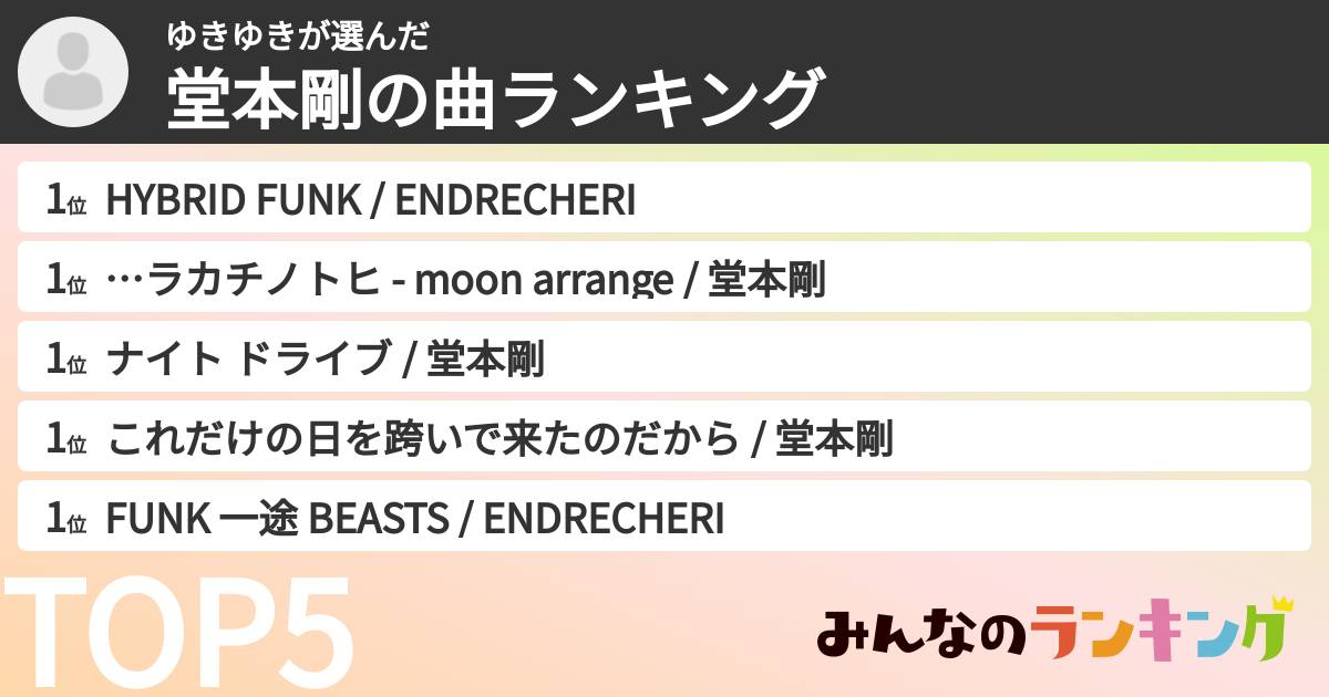 ゆきゆきさんの「堂本剛の曲ランキング」