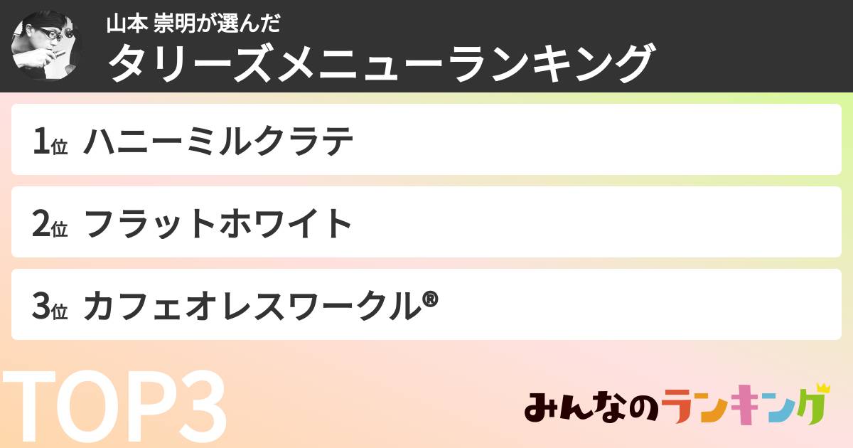 山本 崇明さんの「タリーズメニューランキング」