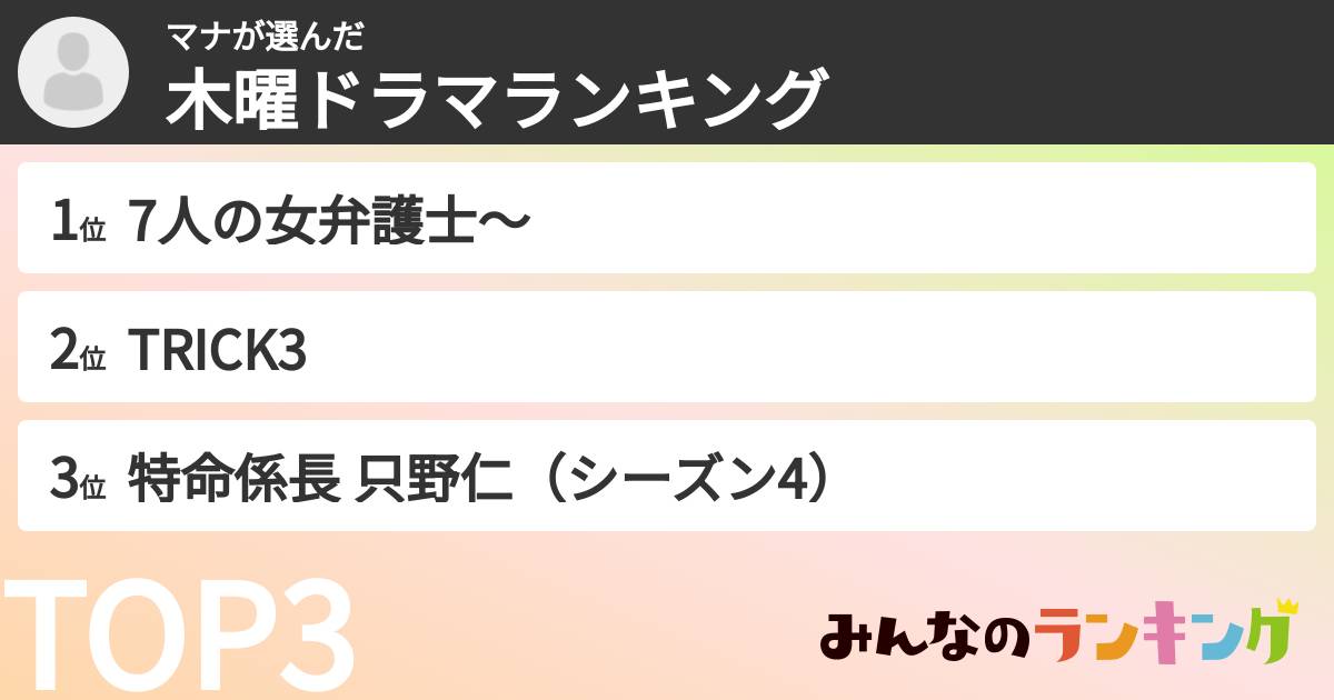 マナさんの「木曜ドラマランキング」